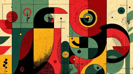 Abstract colorful bird design with geometric shapes and patterns in a vibrant composition