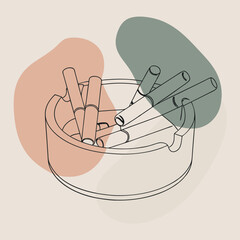minimalistic black silhouette line-art illustration of an ashtray filled with several cigarette butts