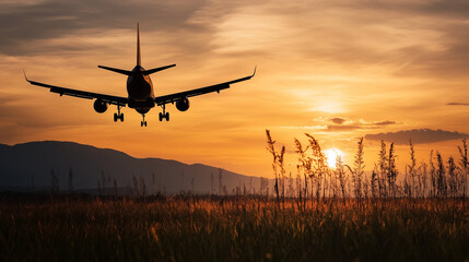 Sustainable aviation biofuels as energy alternatives for future flights at sunset landscape