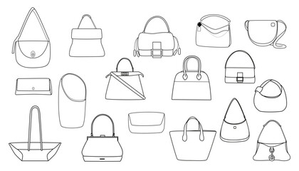 Set of hand-drawn fashion handbag sketches. Minimalist line art collection of trendy women’s bags. Outline style for design, branding, packaging, and fashion illustration.
