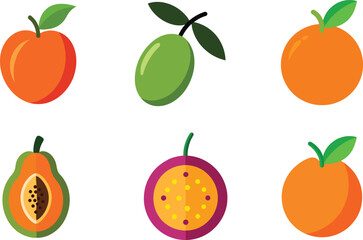 Diverse tropical fruit vector icons featuring papaya olive passion fruit and orange
