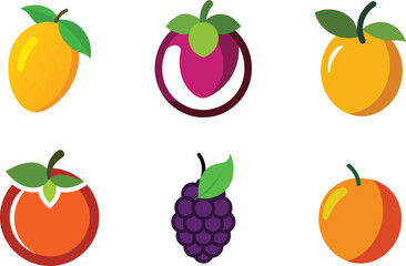 Assortment of flat design fruit illustrations including mango mangosteen and grape