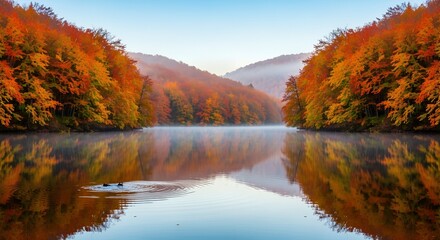 Fototapeta premium Autumn landscape with lake and colorful trees