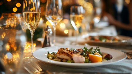 Gourmet Fine Dining with Champagne and Bokeh Lights in Festive Atmosphere