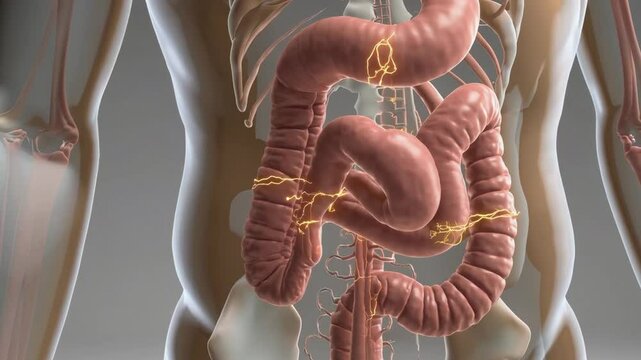 Intricate Human Digestive System: A detailed, photorealistic illustration showcases the complex anatomy of the human digestive system.