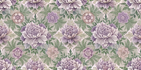 Elegant floral wallpaper with purple and green peonies and leaves.