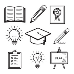 "Education Line Icon Pack &ndash; Pencil, Book, Graduation Cap, Light Bulb, Certificate, Exam Board"