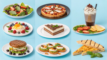 Set of delicious food and drinks collage: healthy vegetable salad, gourmet pizza, Italian pasta, and diverse meat dishes for breakfast, lunch, and dinner