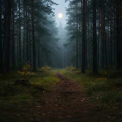 Obraz premium Forest Path at Night with Moon