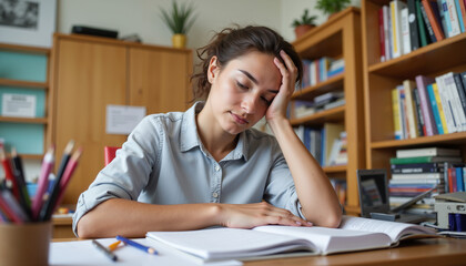 Tired high school student at desk