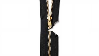 Black zipper with broken teeth and gold pull tab on a white background  