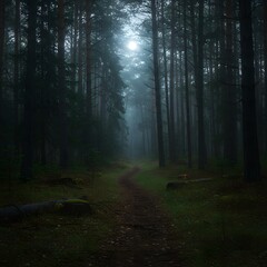 Obraz premium Path Through a Misty Forest of Tall Trees