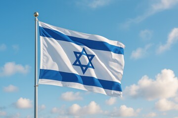 Israeli flag waving against a bright blue sky with clouds in the afternoon
