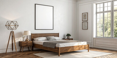 Serene Ambiance of a Cozy Bedroom Embraced by Natural Light and Wooden Furniture Framed by a Blank Canvas for Endless Possibilities