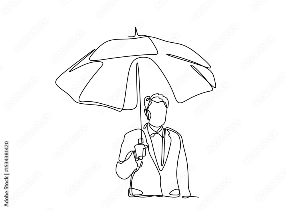 Poster one continuous line art. a man holds an open umbrella above himself. hand drawn one line vector. edi