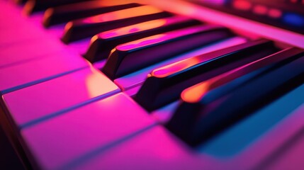 Close-up of illuminated keyboard keys in vibrant pink and blue light.