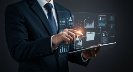 Digital marketing strategy and audience targeting concept. Businessman interacts with data analytics dashboard, customer engagement insights, 