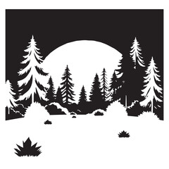 Fototapeta premium Black and white silhouette of a forest at night with a full moon