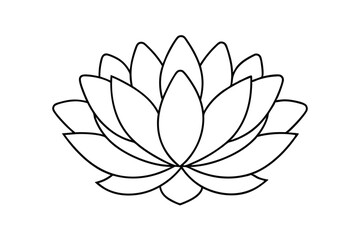 Simple outlined lotus flower blooming in black and white isolated against a white background