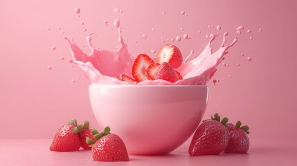 Pink bowl of milk with strawberry splash.