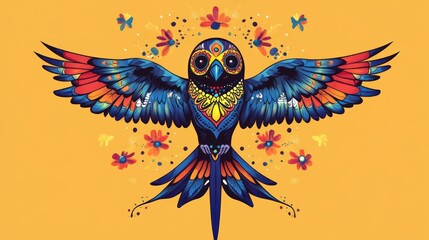 Colorful, stylized bird, resembling an owl or parrot, with vibrant, detailed patterns and designs, surrounded by flowers and butterflies in a Mexican folk art style.