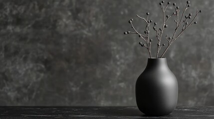 Dark, minimalist vase with dried branches and berries against a textured backdrop.