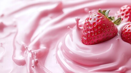 Fresh strawberries in a swirl of pink yogurt.