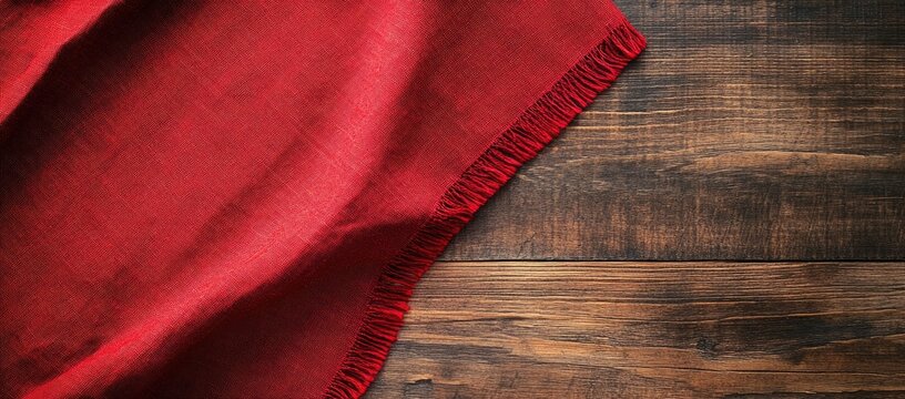 Red tablecloth draped on a wooden table