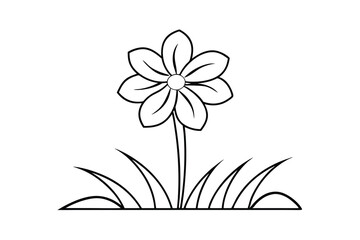 Simple black and white outline drawing of a beautiful daisy flower and grass