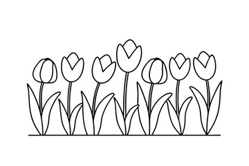 Simple black and white line art illustration of a field of tulip flowers