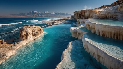 Turquoise travertine terraces with mineral-rich pools, steam rising in morning light, geothermal wonder for travel magazines, spa branding, and wellness retreat marketing.