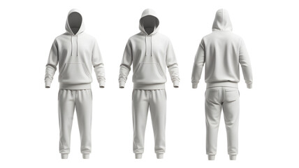 White Hoodie and Sweatpants Mockup – Front, Side, and Back View of Casual Sportswear for Fashion Design and Apparel Branding