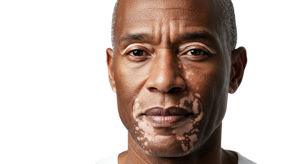 A closeup portrait of a man with vitiligo, isolated on transparent background, his dark brown eyes and calm expression conveying quiet strength