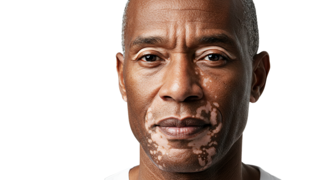 A closeup portrait of a man with vitiligo, isolated on transparent background, his dark brown eyes and calm expression conveying quiet strength