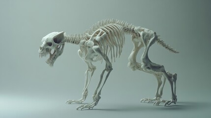 3D rendered animal skeleton, a predatory creature's skeletal structure, posed in a dynamic stance, against a muted, light gray background.