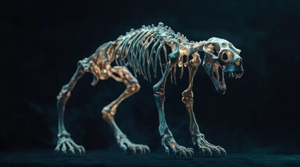 A detailed 3D model of a prehistoric animal's skeleton, posed in a menacing stance against a dark background.