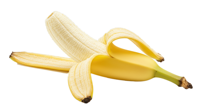 A partially peeled ripe banana, isolated on transparent background, reveals its creamy yellow flesh and delicate peel - Powered by Adobe