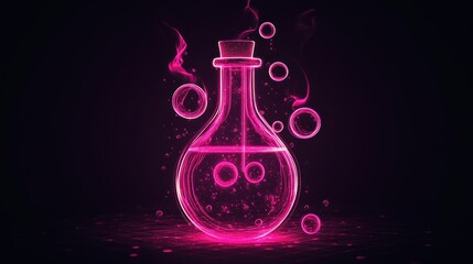 Neon pink glowing magic potion in a glass flask.