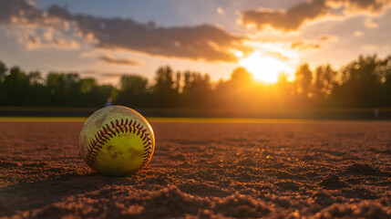 Softball on dirt field with sunset in background