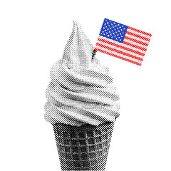 ice cream cone topped with USA flag, retro halftone illustration