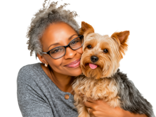 Smiling middle-age African-American woman hugging her adorable Yorkshire Terrier dog, isolated on white or transparent background