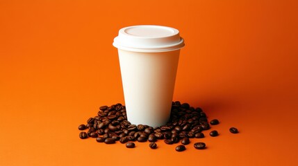 White disposable coffee cup surrounded by coffee beans on an orange background.