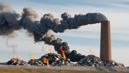 A factory chimney polluting the air above a burning e-waste landfill.