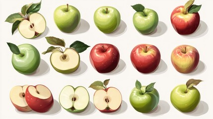 Fresh apples, whole and sliced, various colors and varieties, detailed illustration.