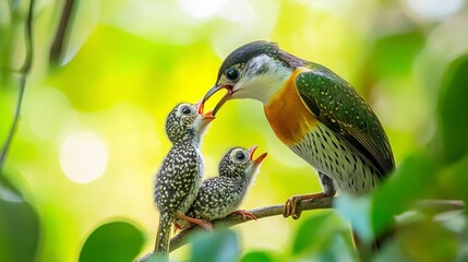 Mother bird feeding her two chicks on a branch in a lush green forest.