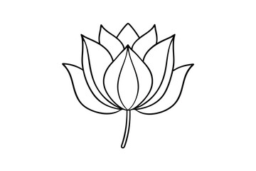 Black and white outline illustration of a detailed elegant lotus flower blossom on white background
