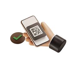 Hand Holding Smartphone QR Code Scan Digital Check for mobile digital payment concept in 3d render