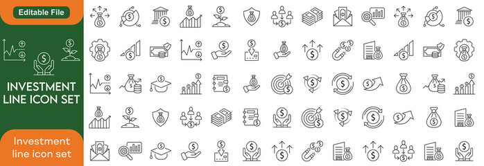 Investment thin line icons set. Investment, Investor, Asset, Profit, Portfolio, Fund, Dividend editable stroke icon set