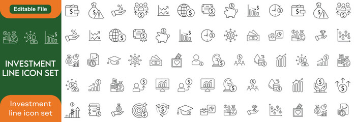 Investment thin line icons set. Investment, Investor, Asset, Profit, Portfolio, Fund, Dividend editable stroke icon set