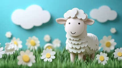 Cute cartoon sheep in a grassy field with daisies and clouds.